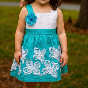 Girls Turquoise & White Embroidered Party Dress with Bow – Size 4T